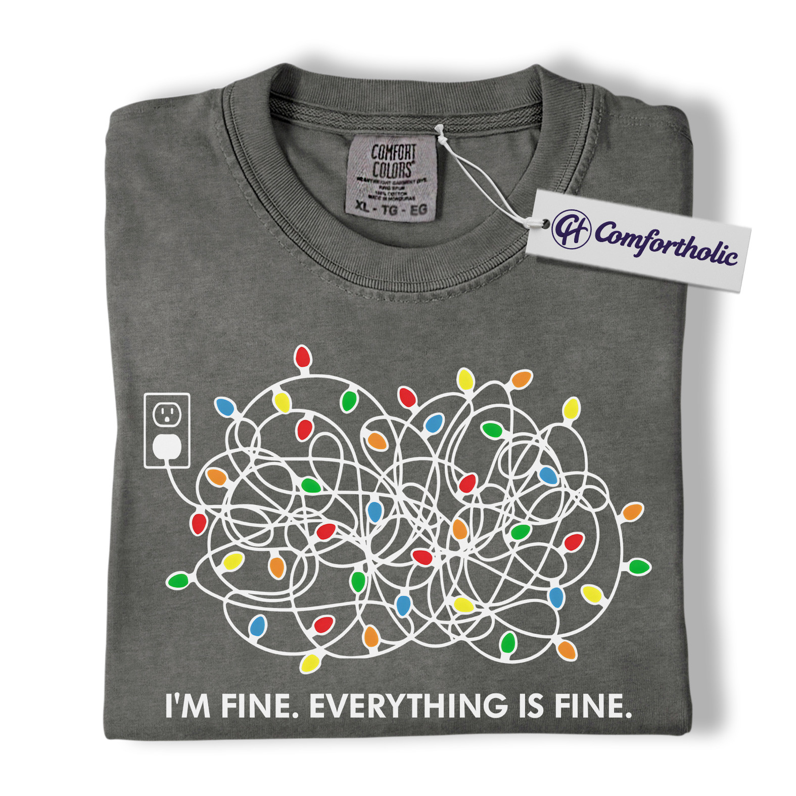 I’m Fine Everything Is Fine Christmas Shirt, Funny Holiday Lights T-Shirt, Tangled String Graphic Tee, Sarcastic Relatable Quote Comfort Colors Shirt - Image 20