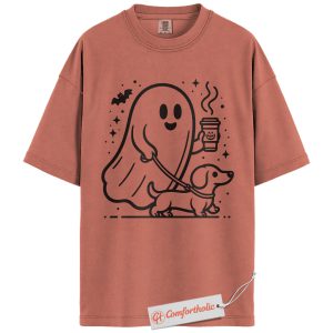 Halloween Ghost Walking Dog Shirt, Coffee Lover Ghost Pet Graphic Tee, Spooky Dachshund Costume T-Shirt, Fall Comfort Colors Shirt