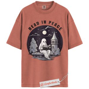 Read In Peace Shirt, Halloween Ghost Reading Graphic Tee, Spooky Season Book Lover T-Shirt, Halloween Comfort Colors Shirt