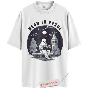 Alternative view of Read In Peace Shirt, Halloween Ghost Reading Graphic Tee, Spooky Season Book Lover T-Shirt, Halloween Comfort Colors Shirt