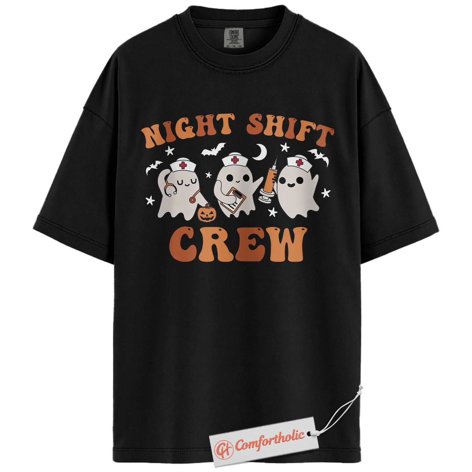 Night Shift Crew Shirt, Halloween Nurse Ghost Graphic Tee, Spooky Medical Crew T-Shirt, Halloween Comfort Colors Shirt - Image 3