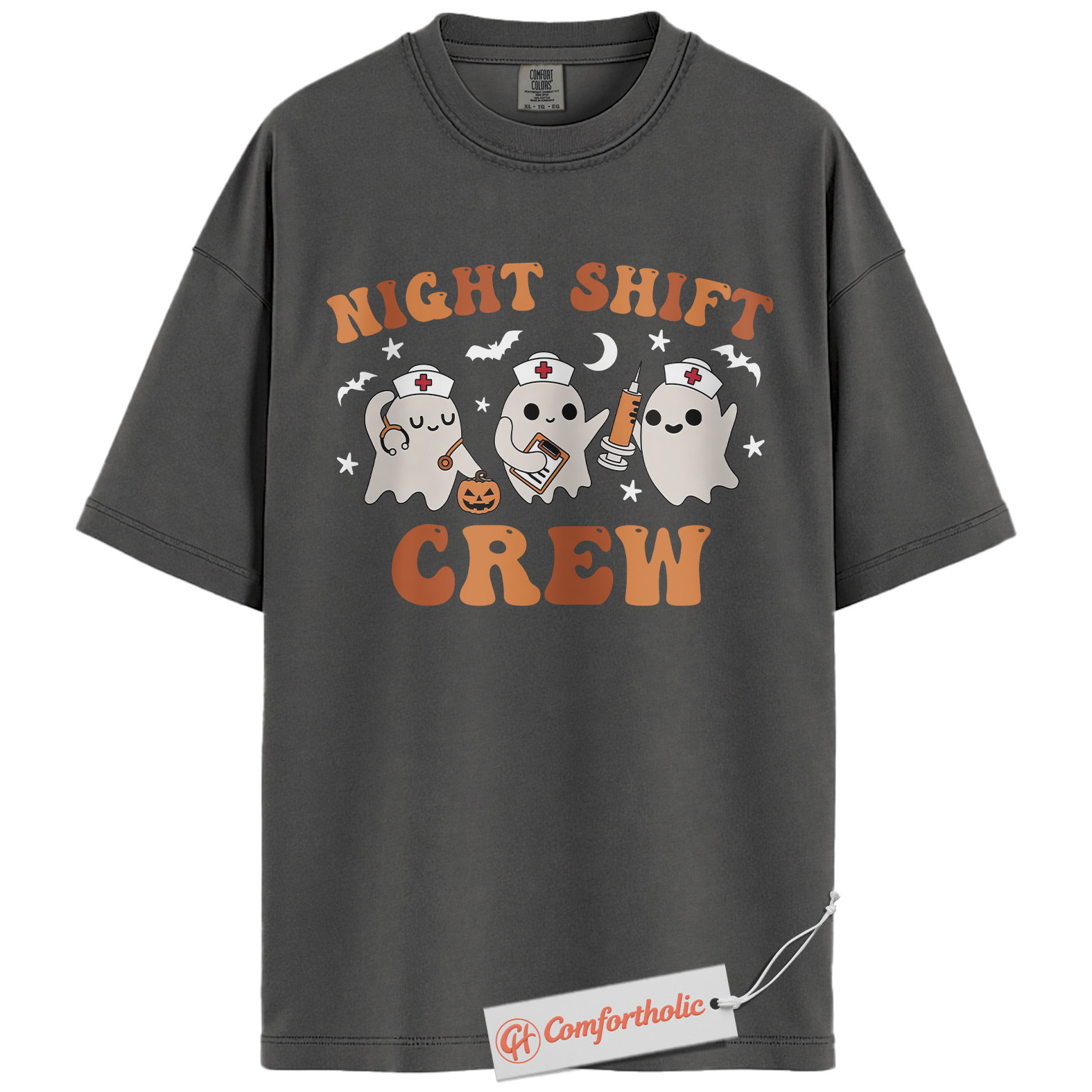 Night Shift Crew Shirt, Halloween Nurse Ghost Graphic Tee, Spooky Medical Crew T-Shirt, Halloween Comfort Colors Shirt - Image 4