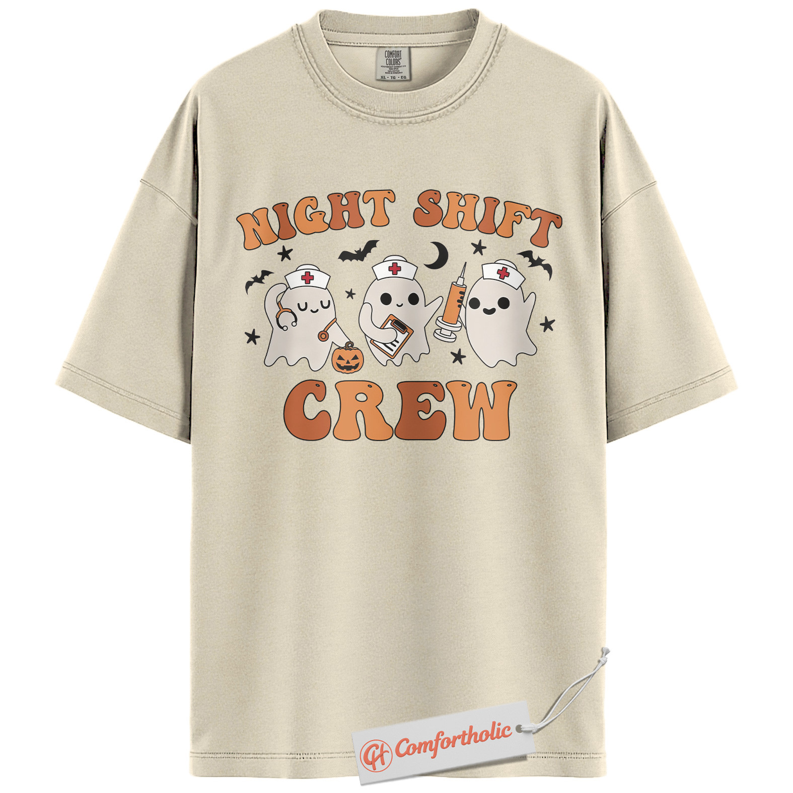 Night Shift Crew Shirt, Halloween Nurse Ghost Graphic Tee, Spooky Medical Crew T-Shirt, Halloween Comfort Colors Shirt - Image 5