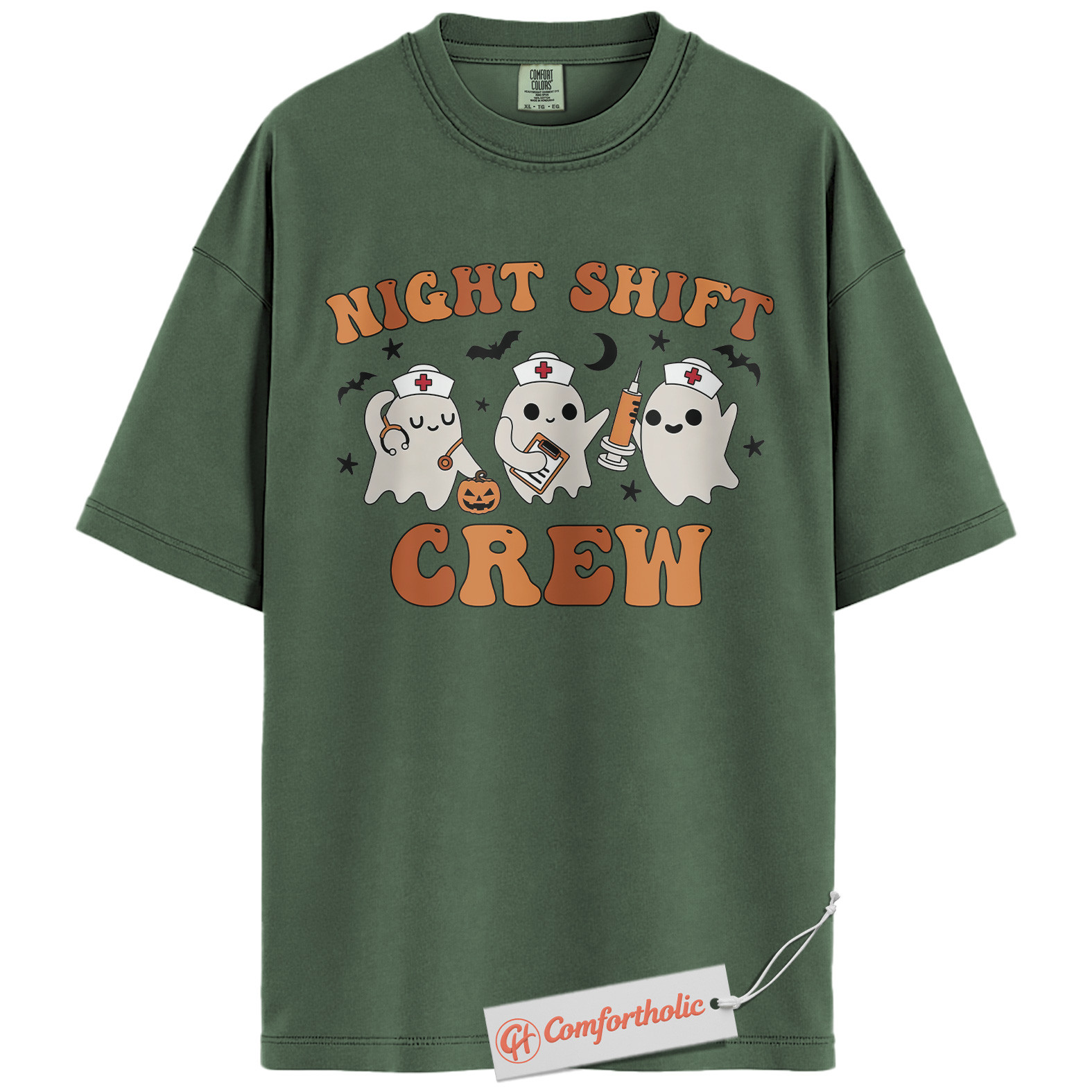 Night Shift Crew Shirt, Halloween Nurse Ghost Graphic Tee, Spooky Medical Crew T-Shirt, Halloween Comfort Colors Shirt - Image 6