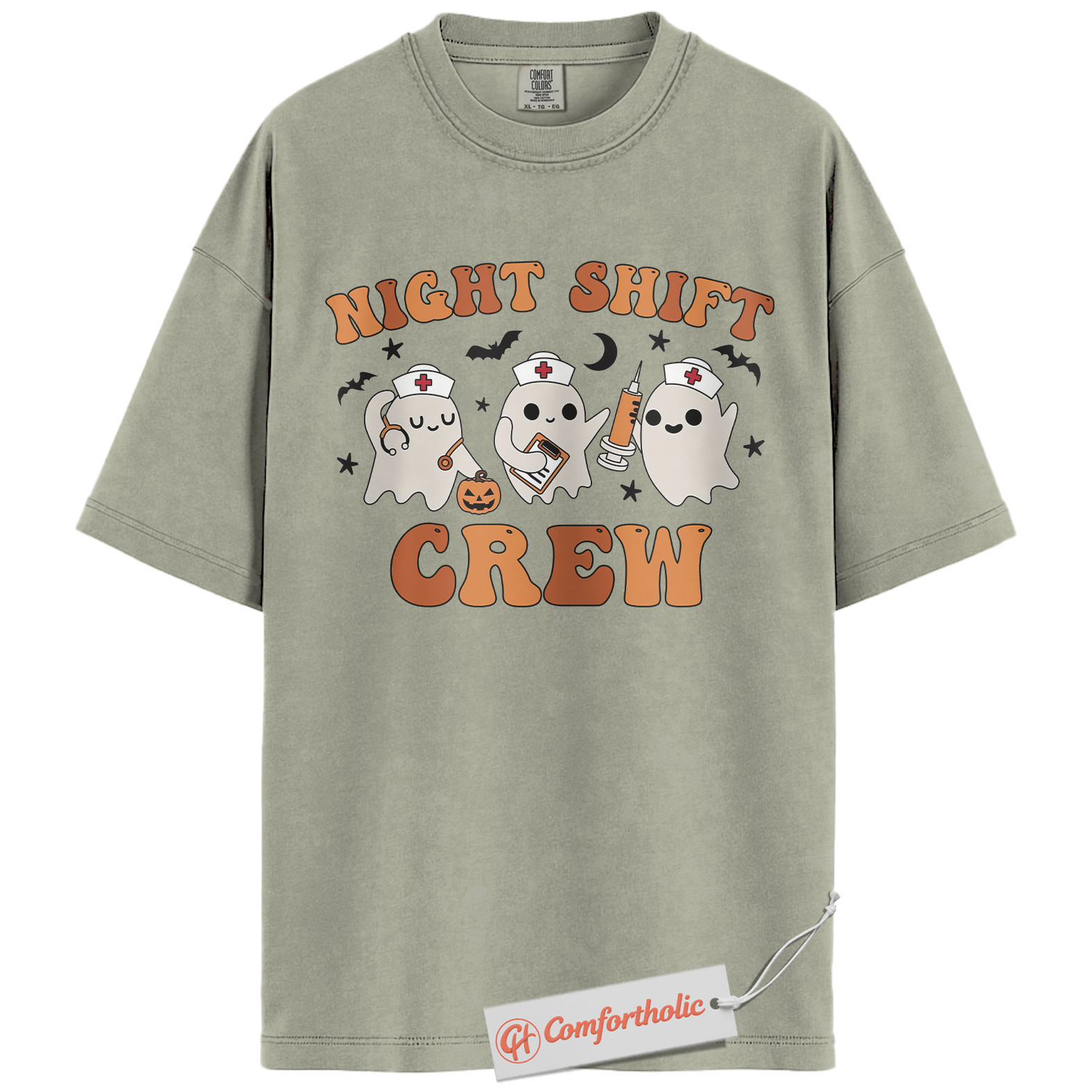 Night Shift Crew Shirt, Halloween Nurse Ghost Graphic Tee, Spooky Medical Crew T-Shirt, Halloween Comfort Colors Shirt - Image 7