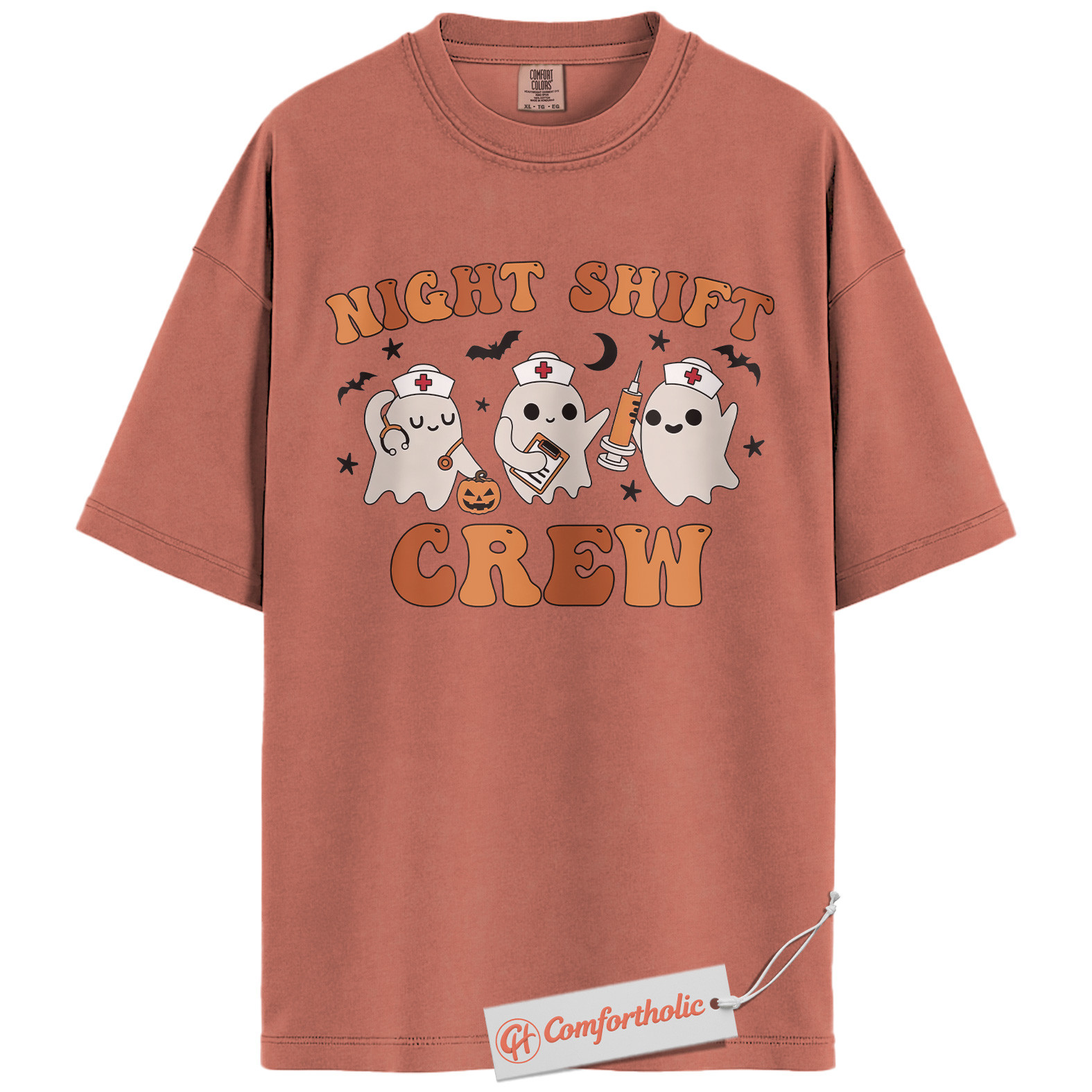Night Shift Crew Shirt, Halloween Nurse Ghost Graphic Tee, Spooky Medical Crew T-Shirt, Halloween Comfort Colors Shirt - Image 8