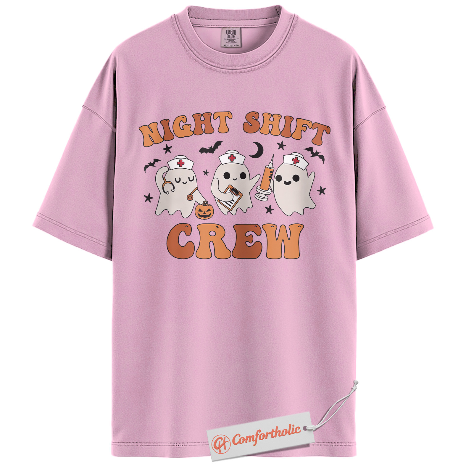 Night Shift Crew Shirt, Halloween Nurse Ghost Graphic Tee, Spooky Medical Crew T-Shirt, Halloween Comfort Colors Shirt - Image 9