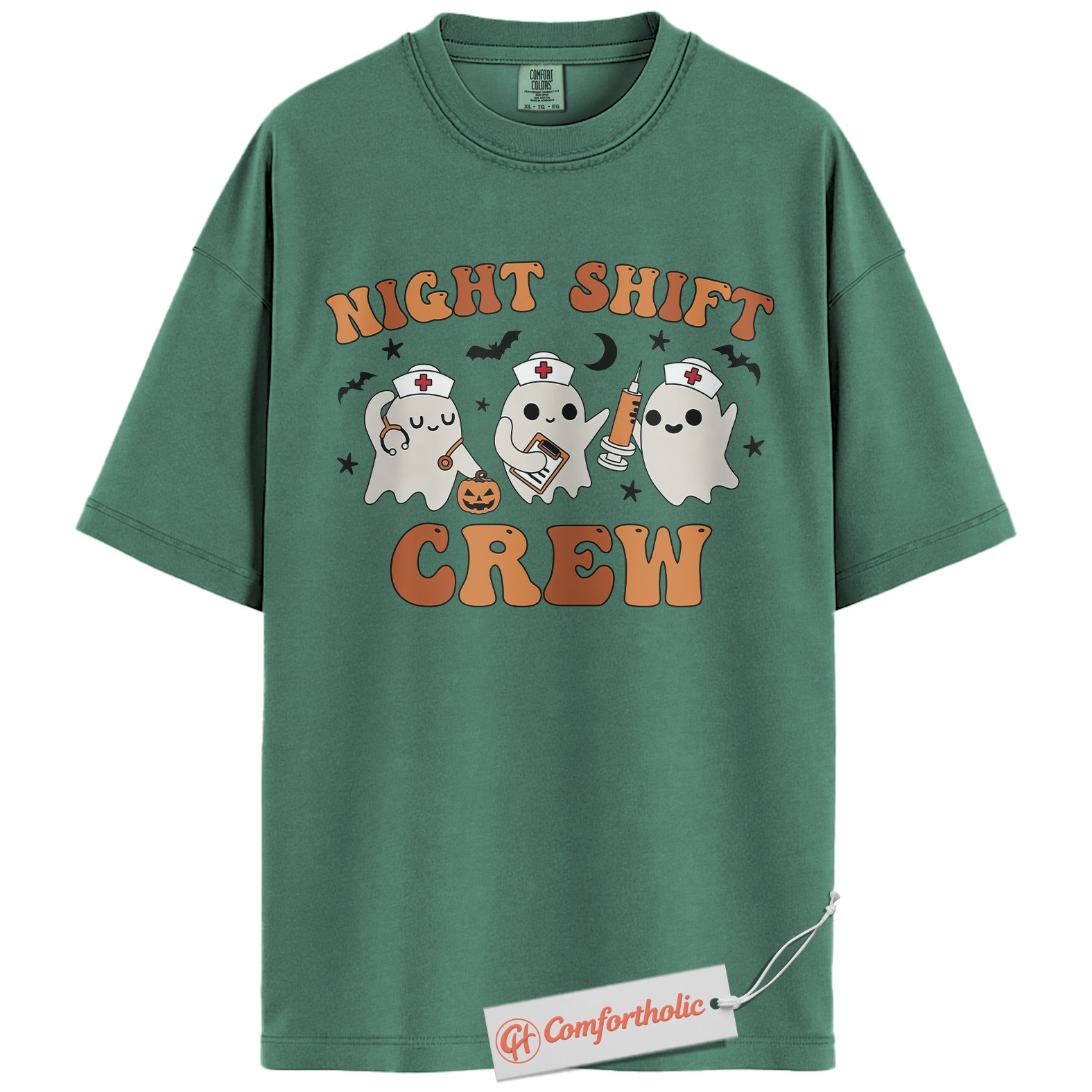 Night Shift Crew Shirt, Halloween Nurse Ghost Graphic Tee, Spooky Medical Crew T-Shirt, Halloween Comfort Colors Shirt - Image 11
