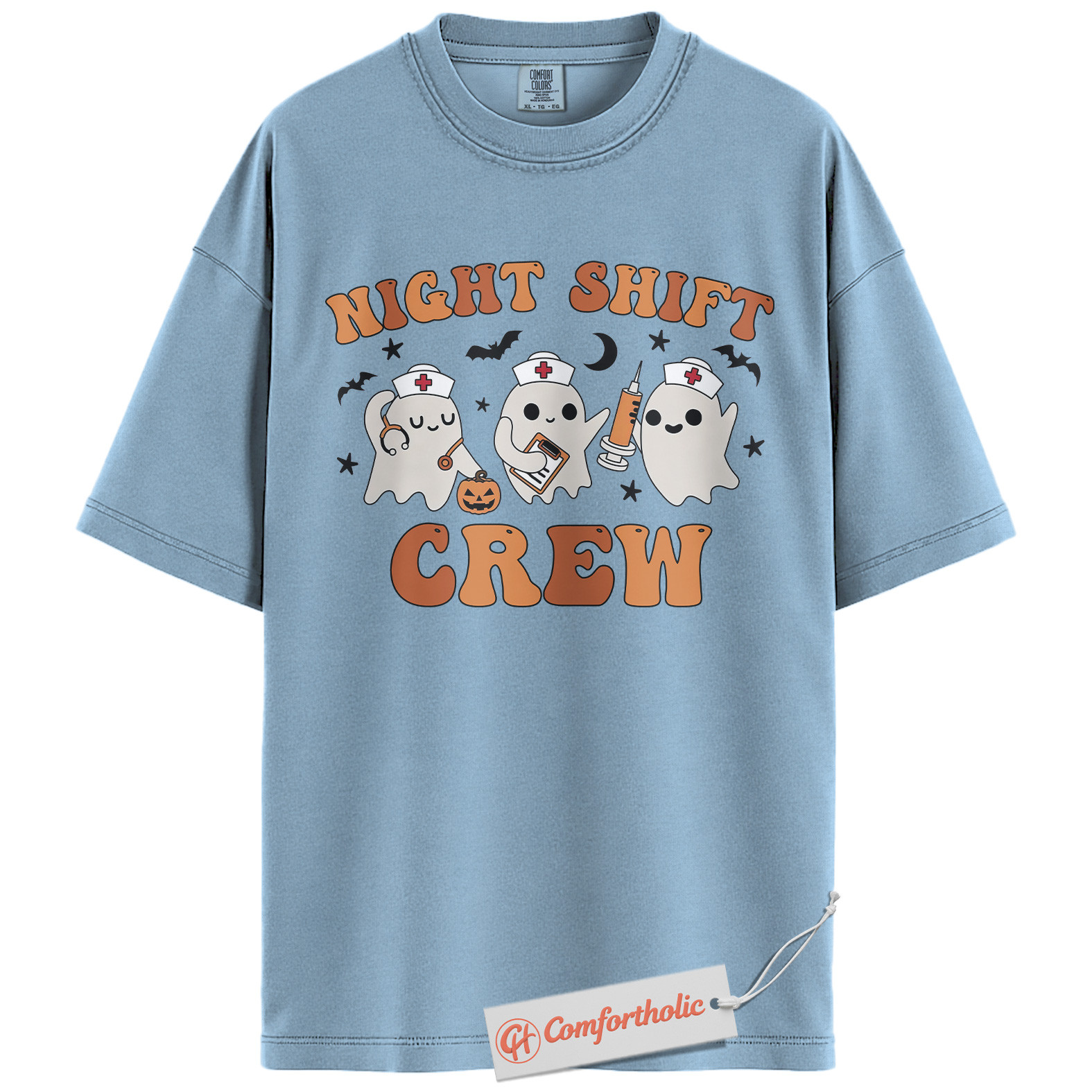 Night Shift Crew Shirt, Halloween Nurse Ghost Graphic Tee, Spooky Medical Crew T-Shirt, Halloween Comfort Colors Shirt - Image 15