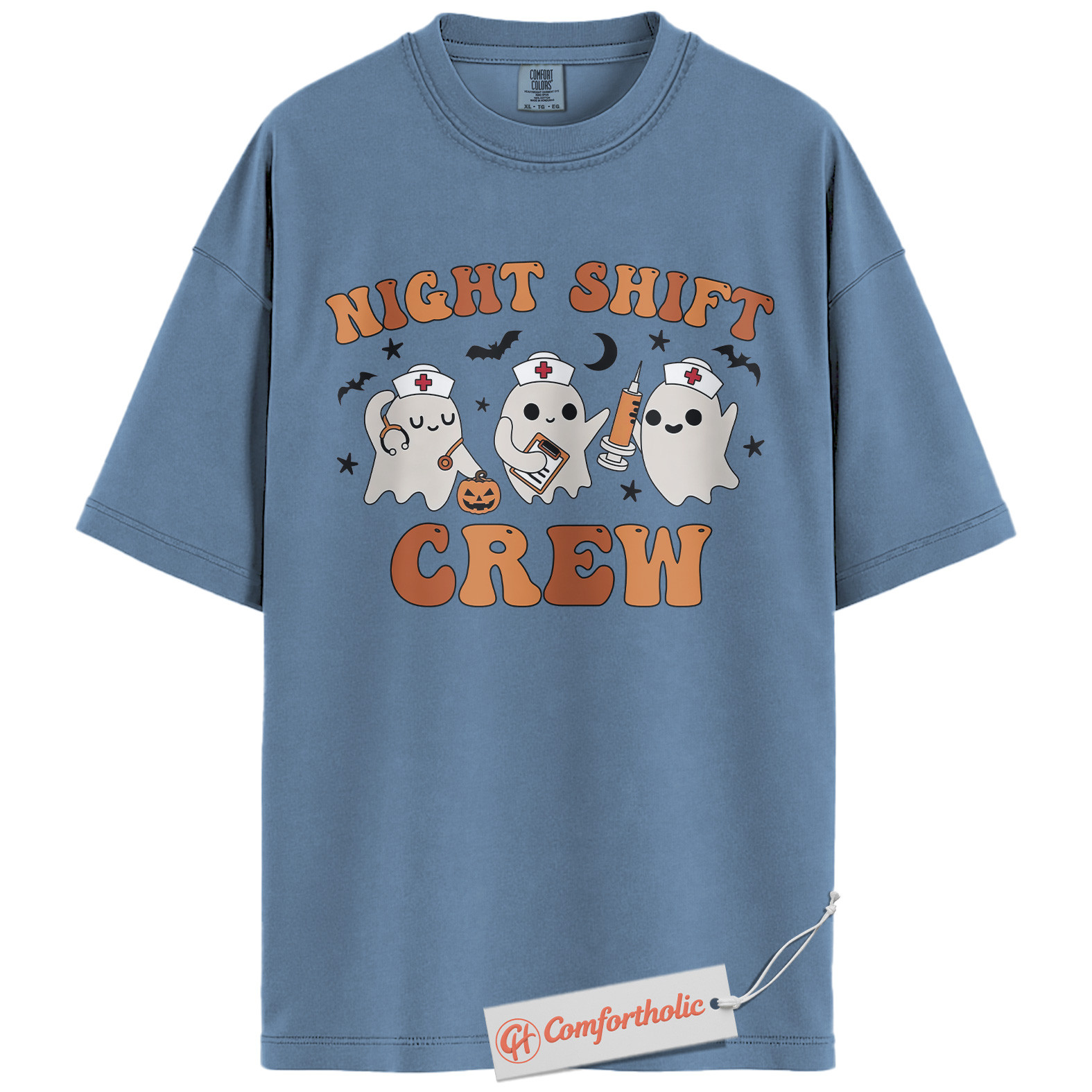 Night Shift Crew Shirt, Halloween Nurse Ghost Graphic Tee, Spooky Medical Crew T-Shirt, Halloween Comfort Colors Shirt - Image 18