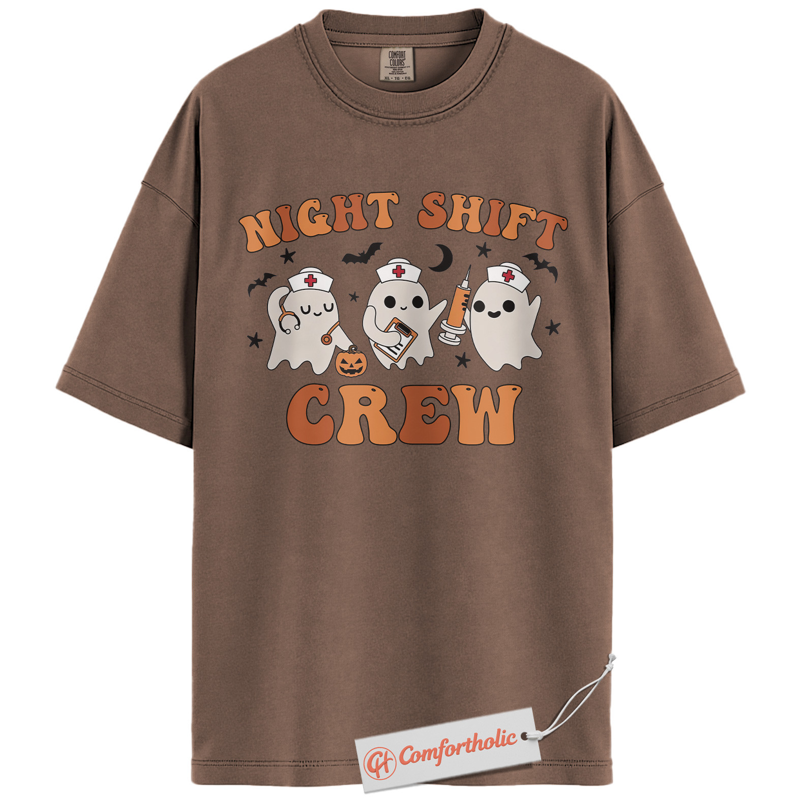Night Shift Crew Shirt, Halloween Nurse Ghost Graphic Tee, Spooky Medical Crew T-Shirt, Halloween Comfort Colors Shirt
