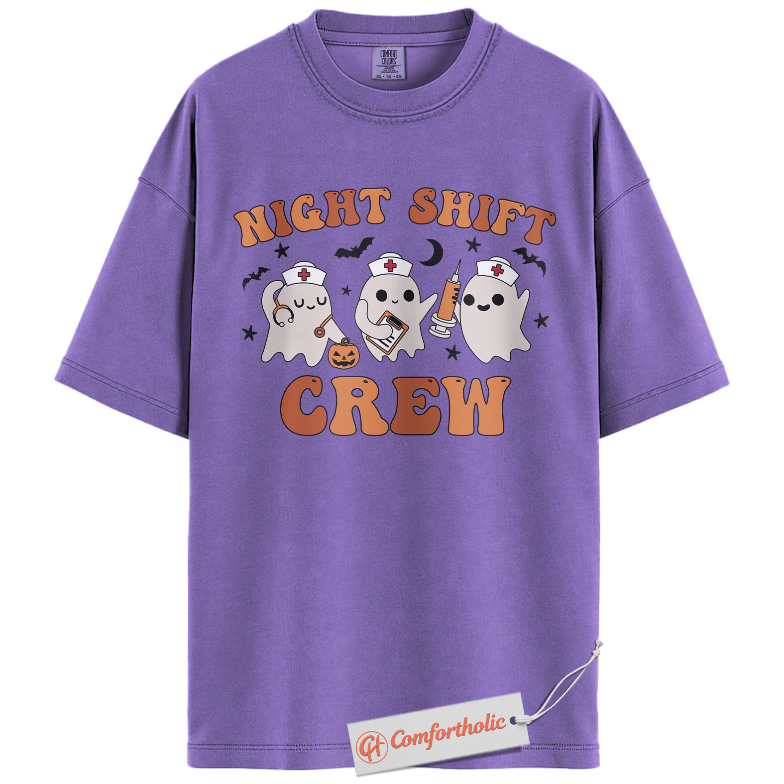 Night Shift Crew Shirt, Halloween Nurse Ghost Graphic Tee, Spooky Medical Crew T-Shirt, Halloween Comfort Colors Shirt - Image 20