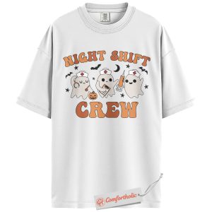 Alternative view of Night Shift Crew Shirt, Halloween Nurse Ghost Graphic Tee, Spooky Medical Crew T-Shirt, Halloween Comfort Colors Shirt