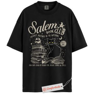 Salem Book Club Shirt, Witchy Cat and Spooky Books T-Shirt, Halloween Reader Graphic Tee, Gothic Gift for Book Lovers, Dark Academia Comfort Colors Shirt