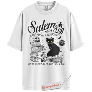 Alternative view of Salem Book Club Shirt, Witchy Cat and Spooky Books T-Shirt, Halloween Reader Graphic Tee, Gothic Gift for Book Lovers, Dark Academia Comfort Colors Shirt