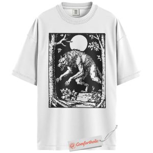 Alternative view of Vintage Werewolf Shirt, Gothic Full Moon T-Shirt, Halloween Horror Creature Graphic Tee, Spooky Forest Monster Comfort Colors Shirt
