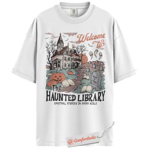 Alternative view of Haunted Library Shirt, Spooky Book Lover T-Shirt, Halloween Ghost Reading Graphic Tee, Scary Literary Horror Comfort Colors Shirt