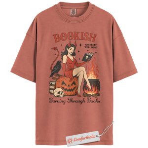 Alternative view of Bookish Devil Shirt, Halloween Reading T-Shirt, Burning Through Books Graphic Tee, Spooky Pin-Up Reader Comfort Colors Shirt