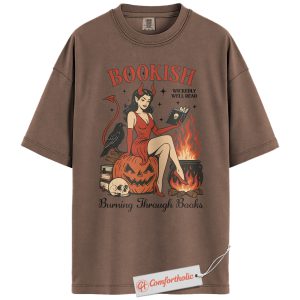 Bookish Devil Shirt, Halloween Reading T-Shirt, Burning Through Books Graphic Tee, Spooky Pin-Up Reader Comfort Colors Shirt