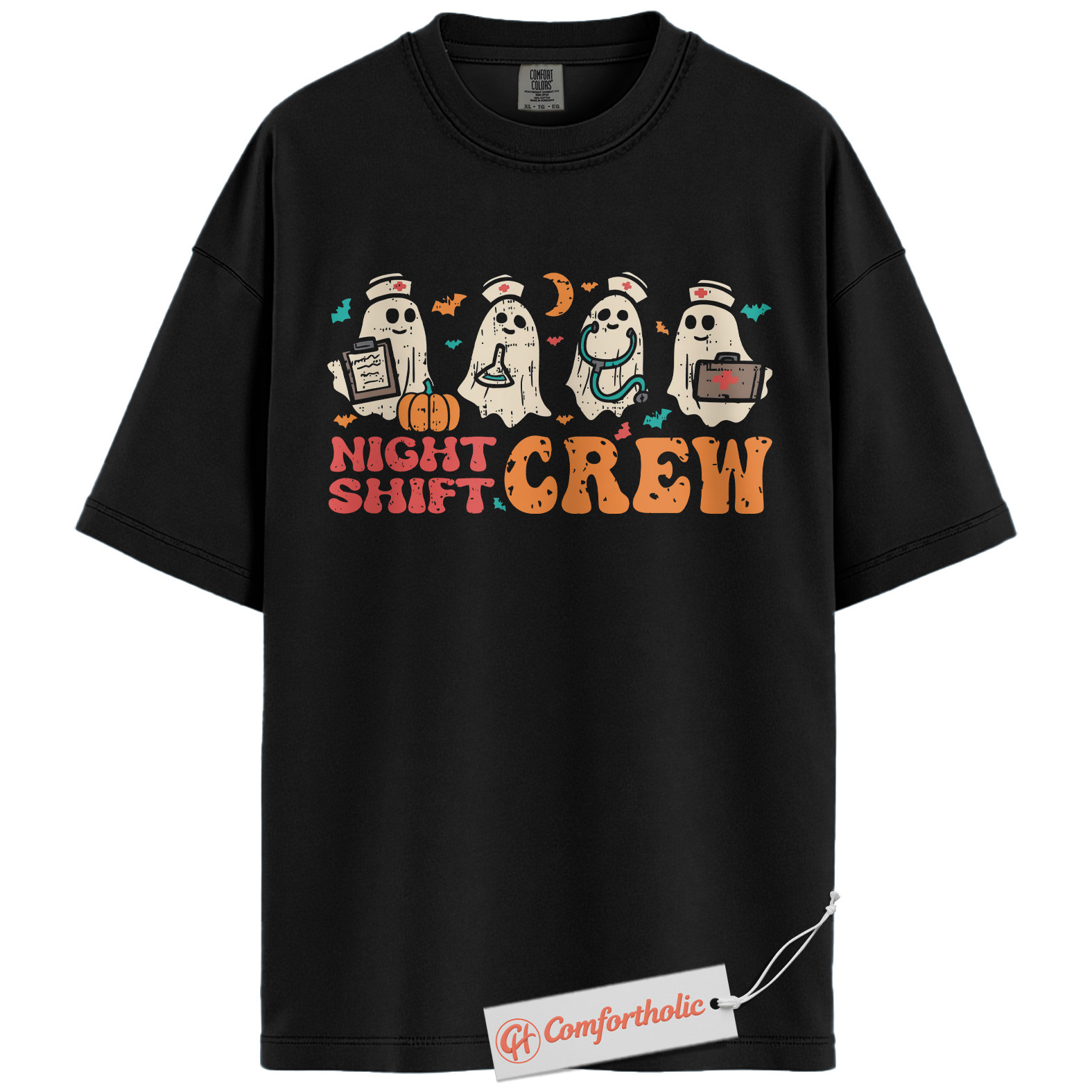 Night Shift Crew Halloween Shirt, Cute Ghost Nurse T-Shirt, Spooky Medical Worker Graphic Tee, Fall Gift for Night Shifters, Halloween Comfort Colors Shirt - Image 3