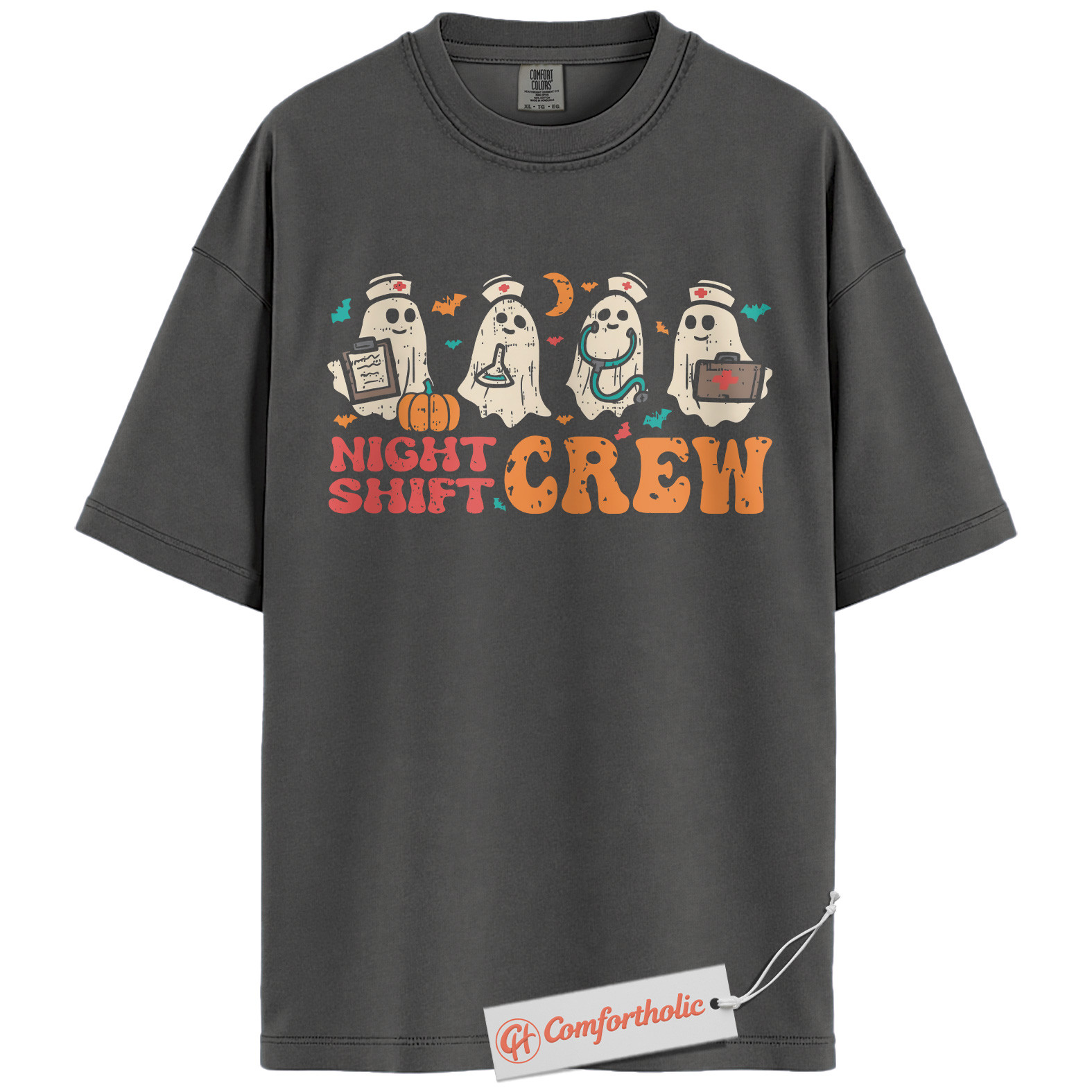 Night Shift Crew Halloween Shirt, Cute Ghost Nurse T-Shirt, Spooky Medical Worker Graphic Tee, Fall Gift for Night Shifters, Halloween Comfort Colors Shirt - Image 4
