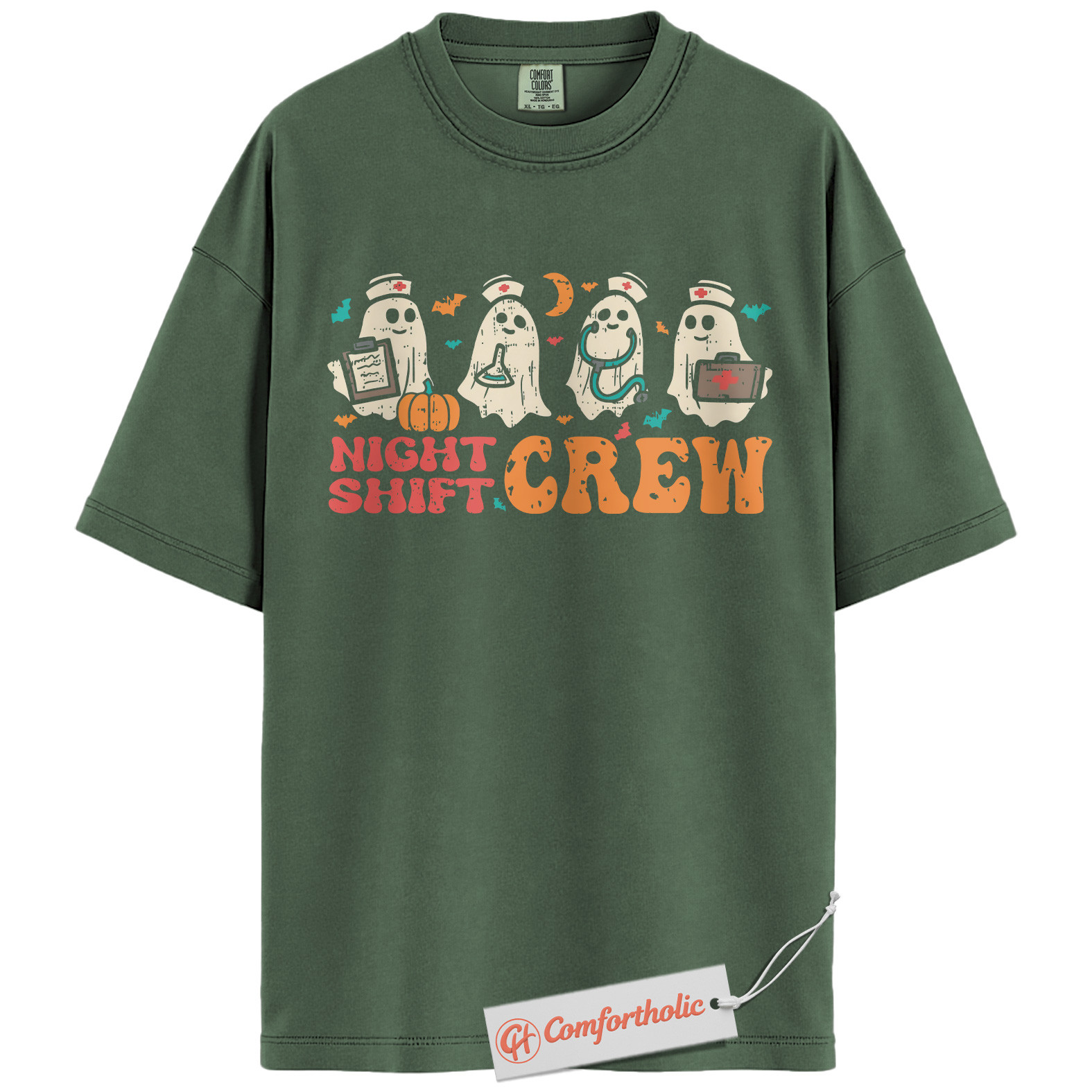 Night Shift Crew Halloween Shirt, Cute Ghost Nurse T-Shirt, Spooky Medical Worker Graphic Tee, Fall Gift for Night Shifters, Halloween Comfort Colors Shirt - Image 6