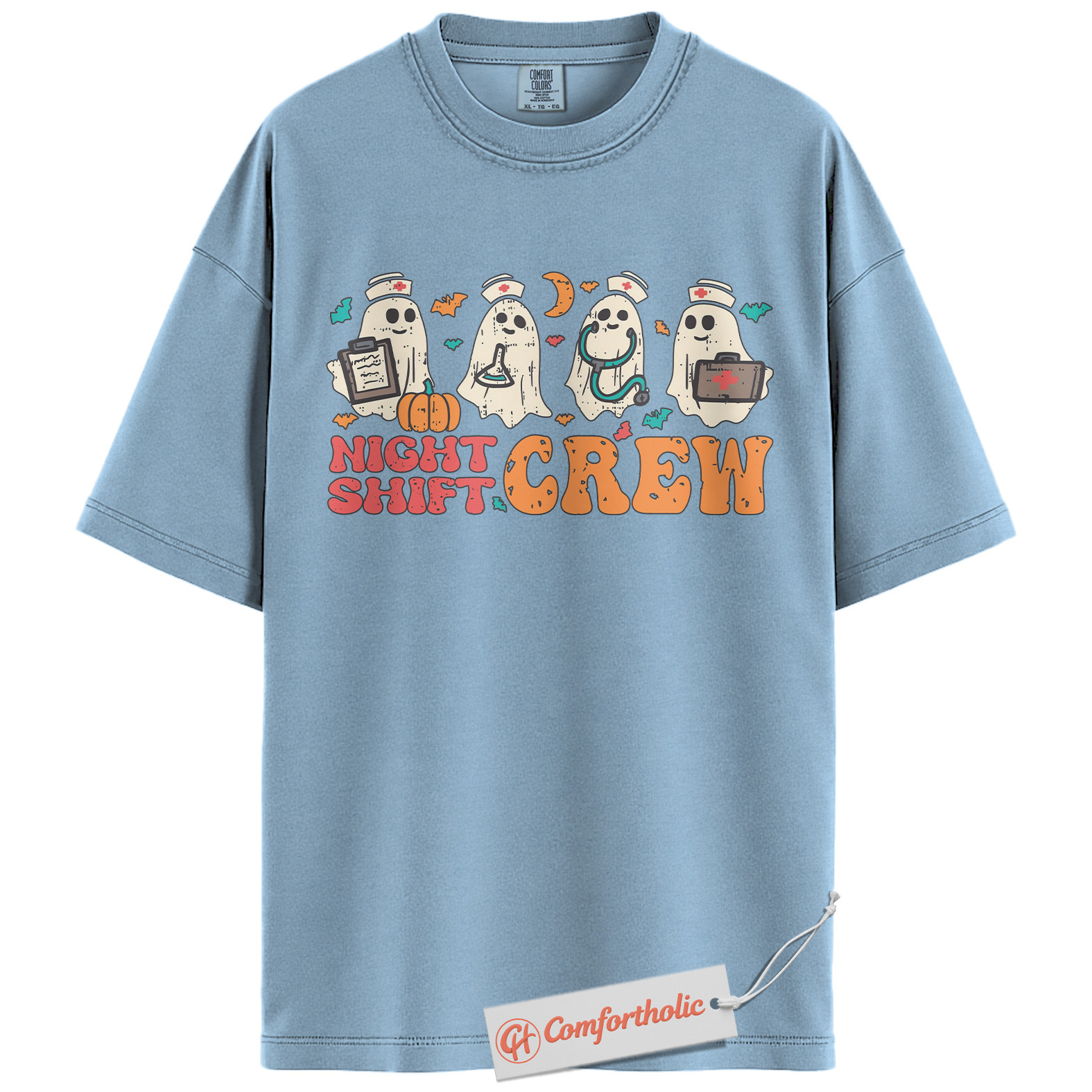 Night Shift Crew Halloween Shirt, Cute Ghost Nurse T-Shirt, Spooky Medical Worker Graphic Tee, Fall Gift for Night Shifters, Halloween Comfort Colors Shirt - Image 15