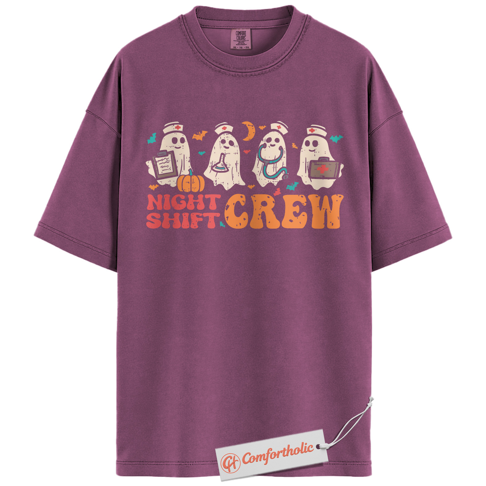 Night Shift Crew Halloween Shirt, Cute Ghost Nurse T-Shirt, Spooky Medical Worker Graphic Tee, Fall Gift for Night Shifters, Halloween Comfort Colors Shirt - Image 16