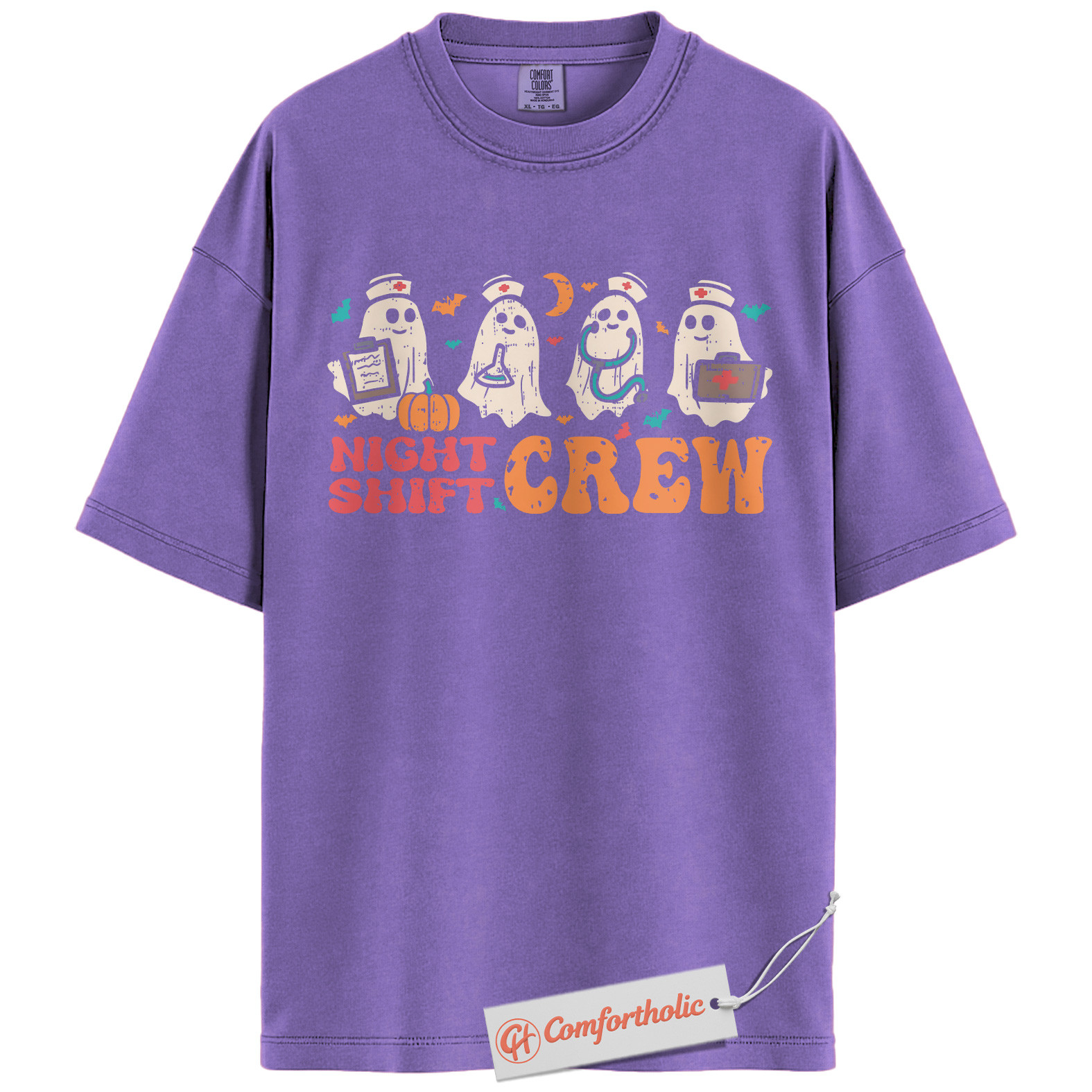 Night Shift Crew Halloween Shirt, Cute Ghost Nurse T-Shirt, Spooky Medical Worker Graphic Tee, Fall Gift for Night Shifters, Halloween Comfort Colors Shirt - Image 20