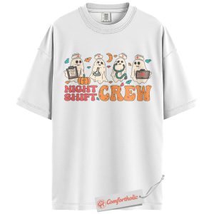 Alternative view of Night Shift Crew Halloween Shirt, Cute Ghost Nurse T-Shirt, Spooky Medical Worker Graphic Tee, Fall Gift for Night Shifters, Halloween Comfort Colors Shirt