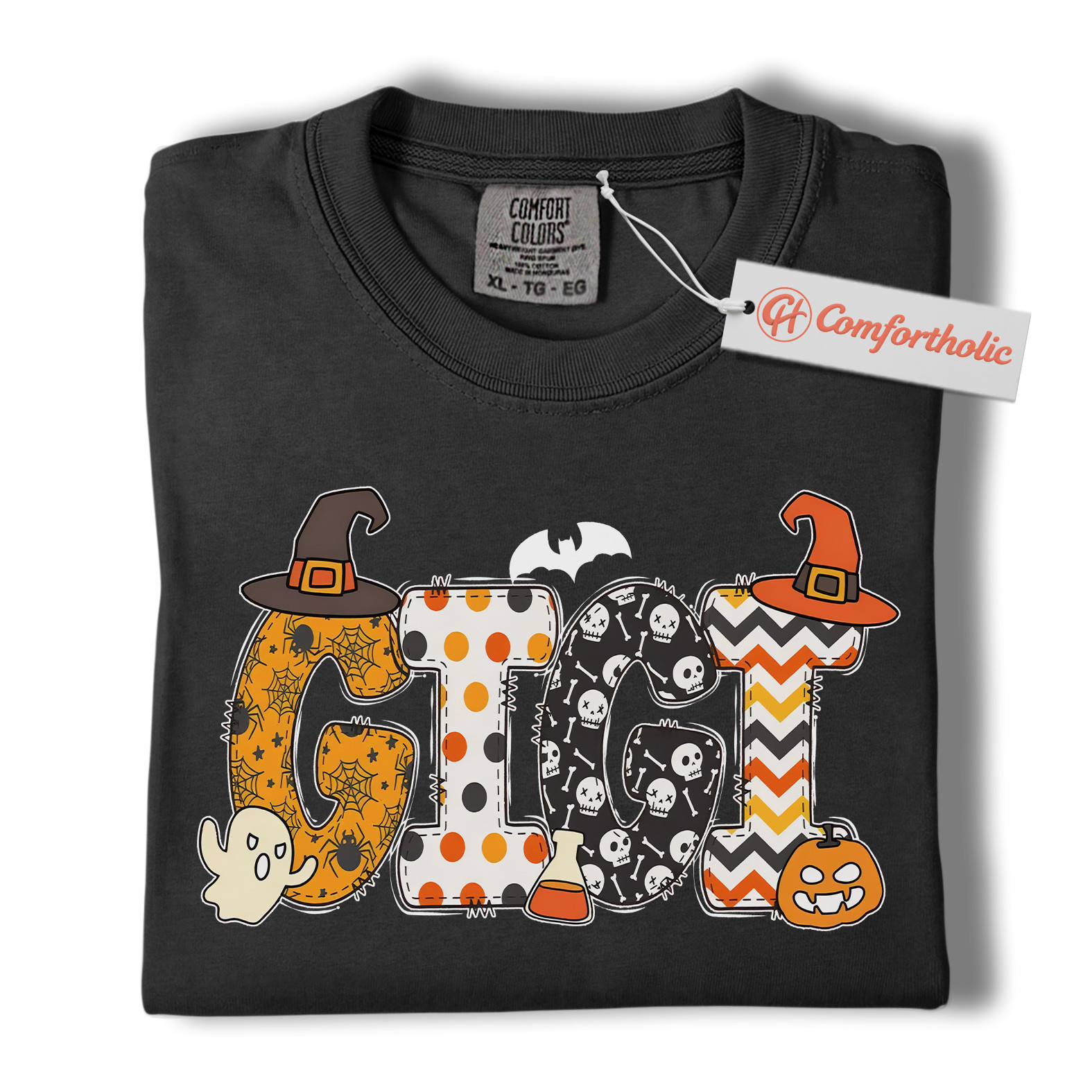 Gigi Halloween Shirt, Cute Ghost and Pumpkin T-Shirt, Spooky Witch Hat Graphic Tee, Fall Gift for Grandma, Halloween Comfort Colors Shirt - Image 3