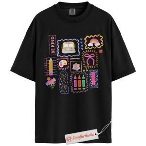 Be Kind Teacher Shirt, Cute School Supplies T-Shirt, Colorful Pencil and Crayon Graphic Tee, Back to School Gift for Educators, Teacher Comfort Colors Shirt
