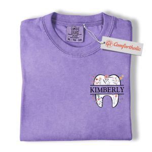 Personalized Dental Hygienist Shirt, Custom Tooth Name T-Shirt, Floral Dentist Graphic Tee, Cute Oral Care Gift, Dental Worker Comfort Colors Shirt