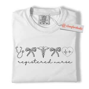 Alternative view of Registered Nurse Shirt, Cute Stethoscope and Bow T-Shirt, Medical Worker Graphic Tee, Gift for RNs, Nurse Comfort Colors Shirt