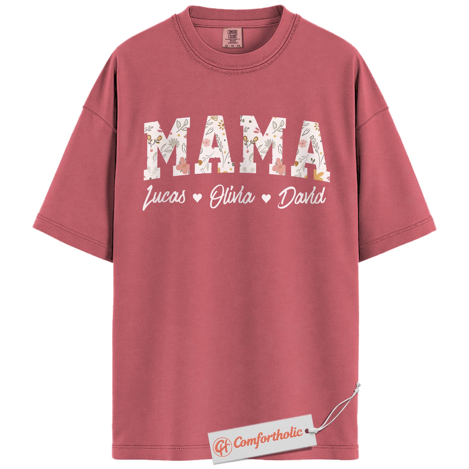 Personalized Mama Shirt with Kids’ Names, Floral Letter Print Mama T-Shirt, Custom Mom Graphic Tee, Mother’s Day Gift, Family Comfort Colors Shirt
