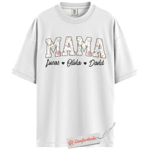 Alternative view of Personalized Mama Shirt with Kids’ Names, Floral Letter Print Mama T-Shirt, Custom Mom Graphic Tee, Mother’s Day Gift, Family Comfort Colors Shirt