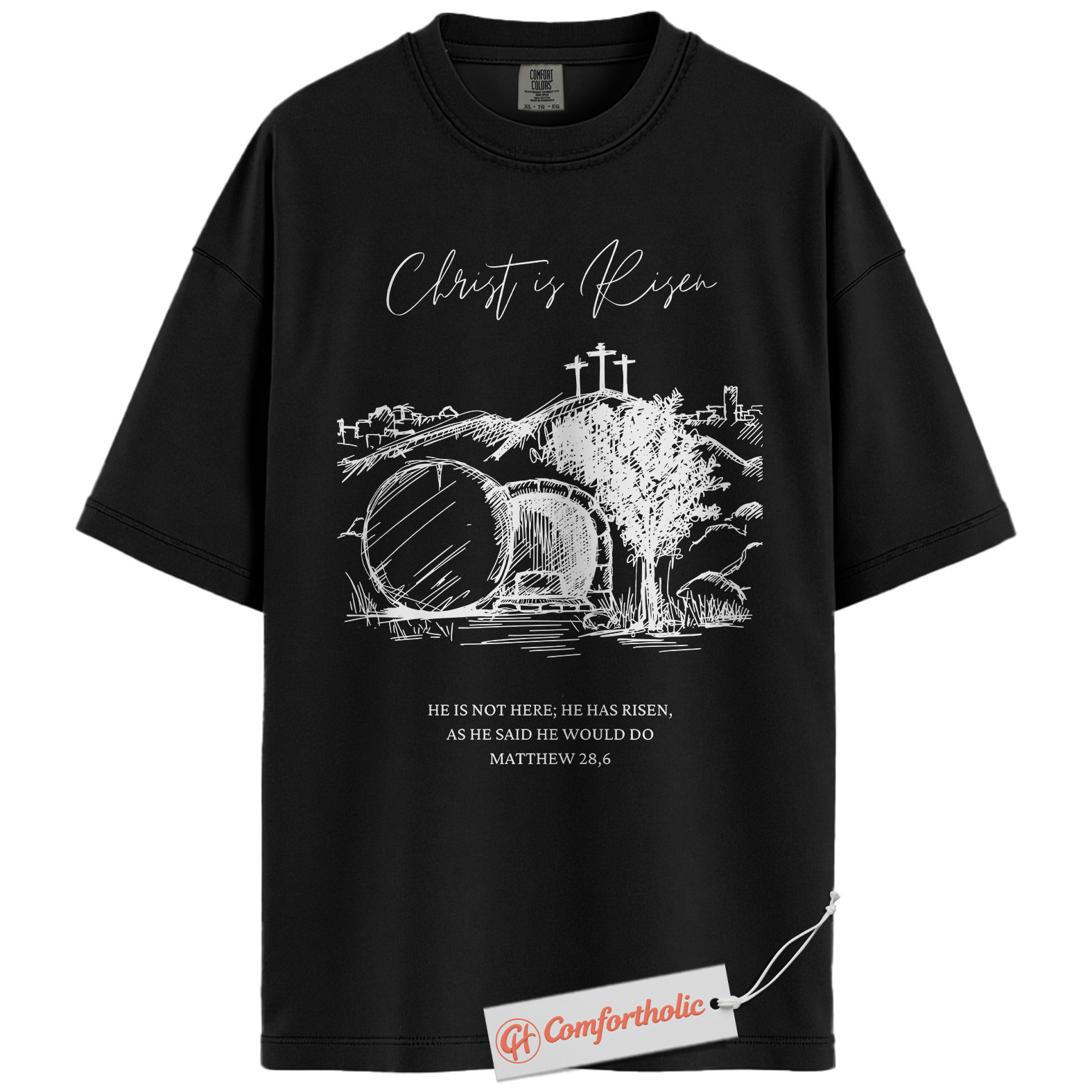 Christ Is Risen Shirt, He Is Not Here He Has Risen T-Shirt, 28:6 Matthew Bible Verse Graphic Tee, Faith-Based Religious Gift, Christian Easter Comfort Colors Shirt - Image 3