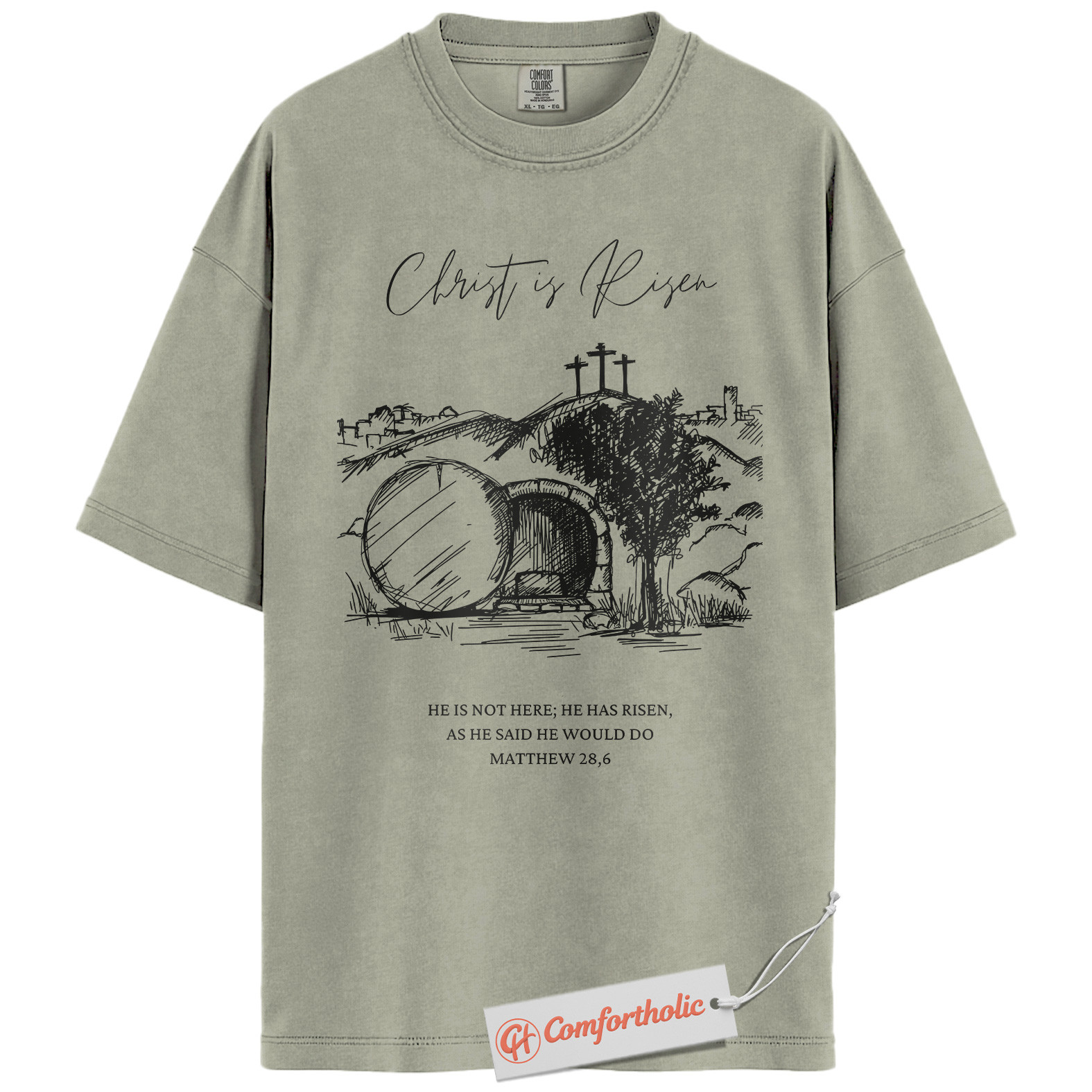 Christ Is Risen Shirt, He Is Not Here He Has Risen T-Shirt, 28:6 Matthew Bible Verse Graphic Tee, Faith-Based Religious Gift, Christian Easter Comfort Colors Shirt