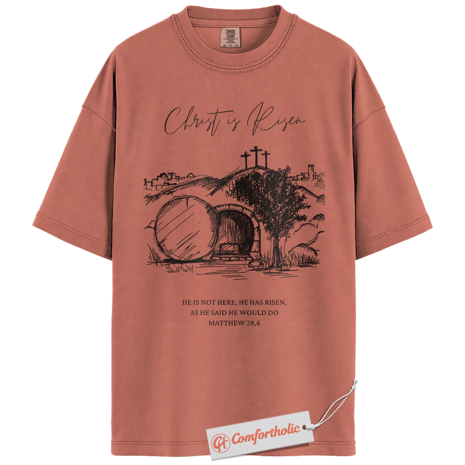 Christ Is Risen Shirt, He Is Not Here He Has Risen T-Shirt, 28:6 Matthew Bible Verse Graphic Tee, Faith-Based Religious Gift, Christian Easter Comfort Colors Shirt - Image 7