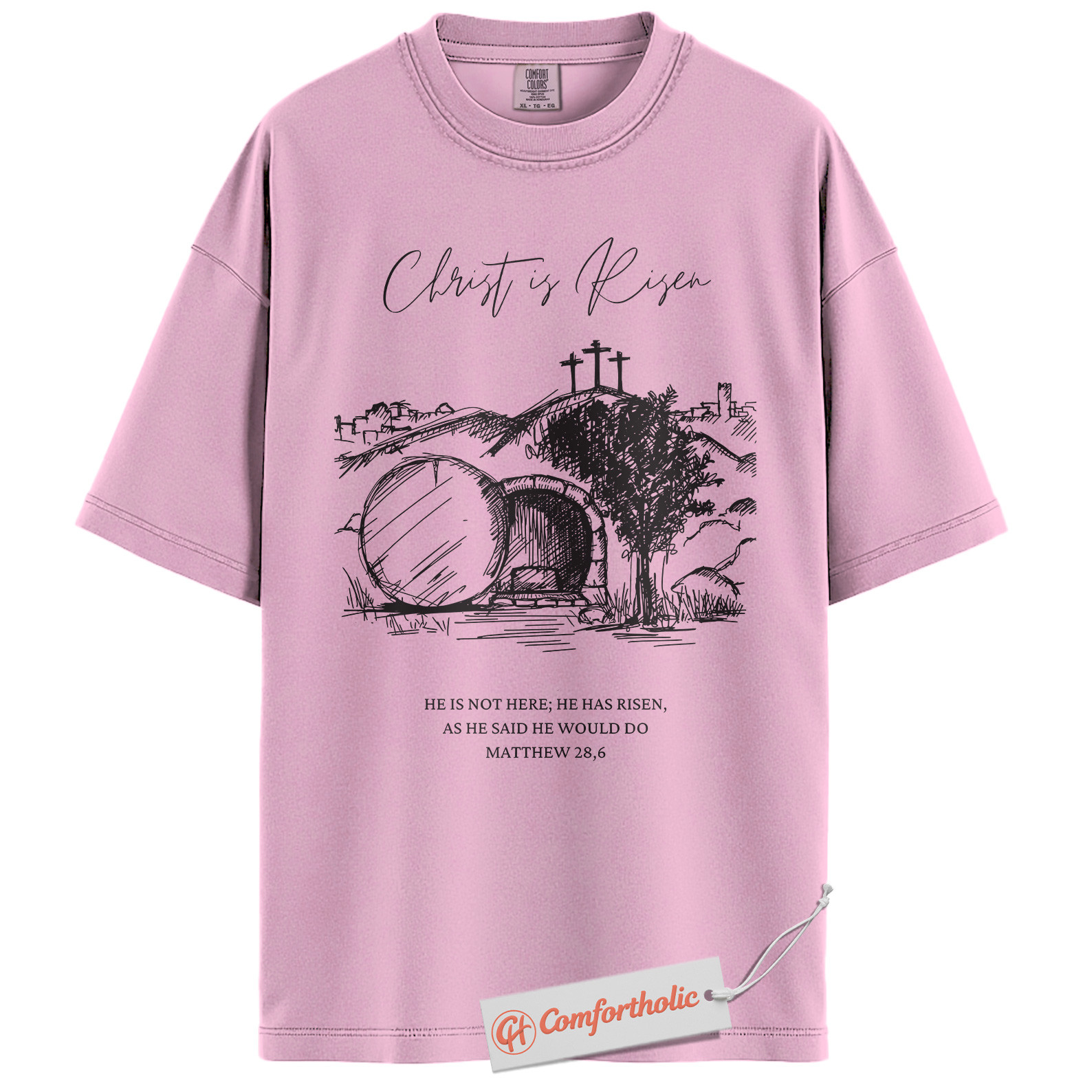 Christ Is Risen Shirt, He Is Not Here He Has Risen T-Shirt, 28:6 Matthew Bible Verse Graphic Tee, Faith-Based Religious Gift, Christian Easter Comfort Colors Shirt - Image 8