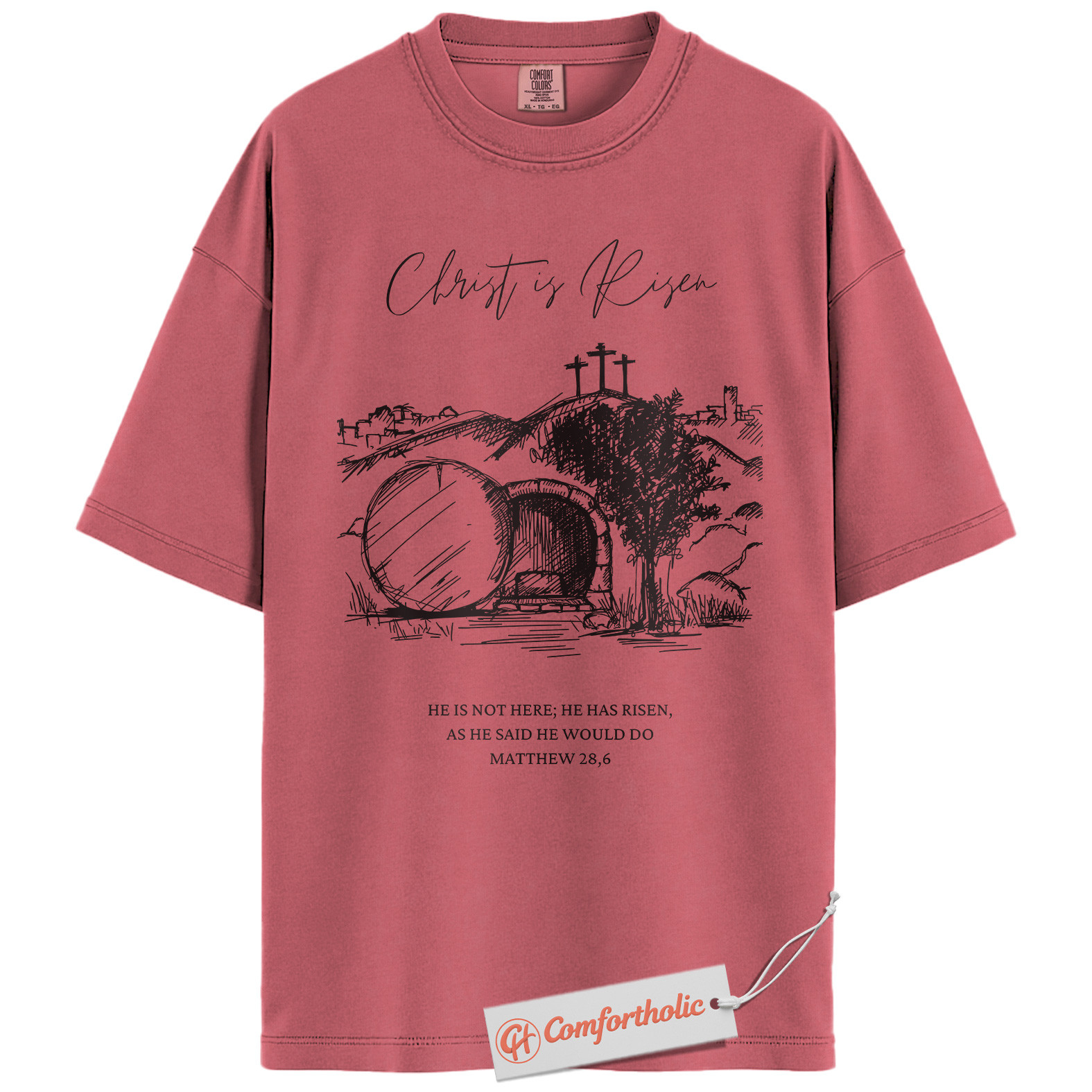 Christ Is Risen Shirt, He Is Not Here He Has Risen T-Shirt, 28:6 Matthew Bible Verse Graphic Tee, Faith-Based Religious Gift, Christian Easter Comfort Colors Shirt - Image 9