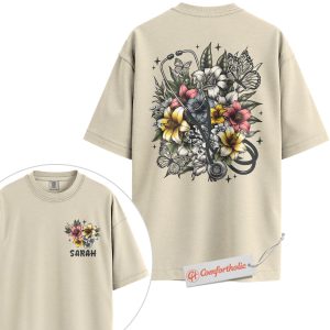 Personalized Nurse Stethoscope Shirt, Medical Floral T-Shirt, Healthcare Worker Appreciation Tee, Custom Name Comfort Colors Shirt 2-Sided