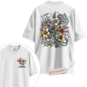 Alternative view of Personalized Nurse Stethoscope Shirt, Medical Floral T-Shirt, Healthcare Worker Appreciation Tee, Custom Name Comfort Colors Shirt 2-Sided