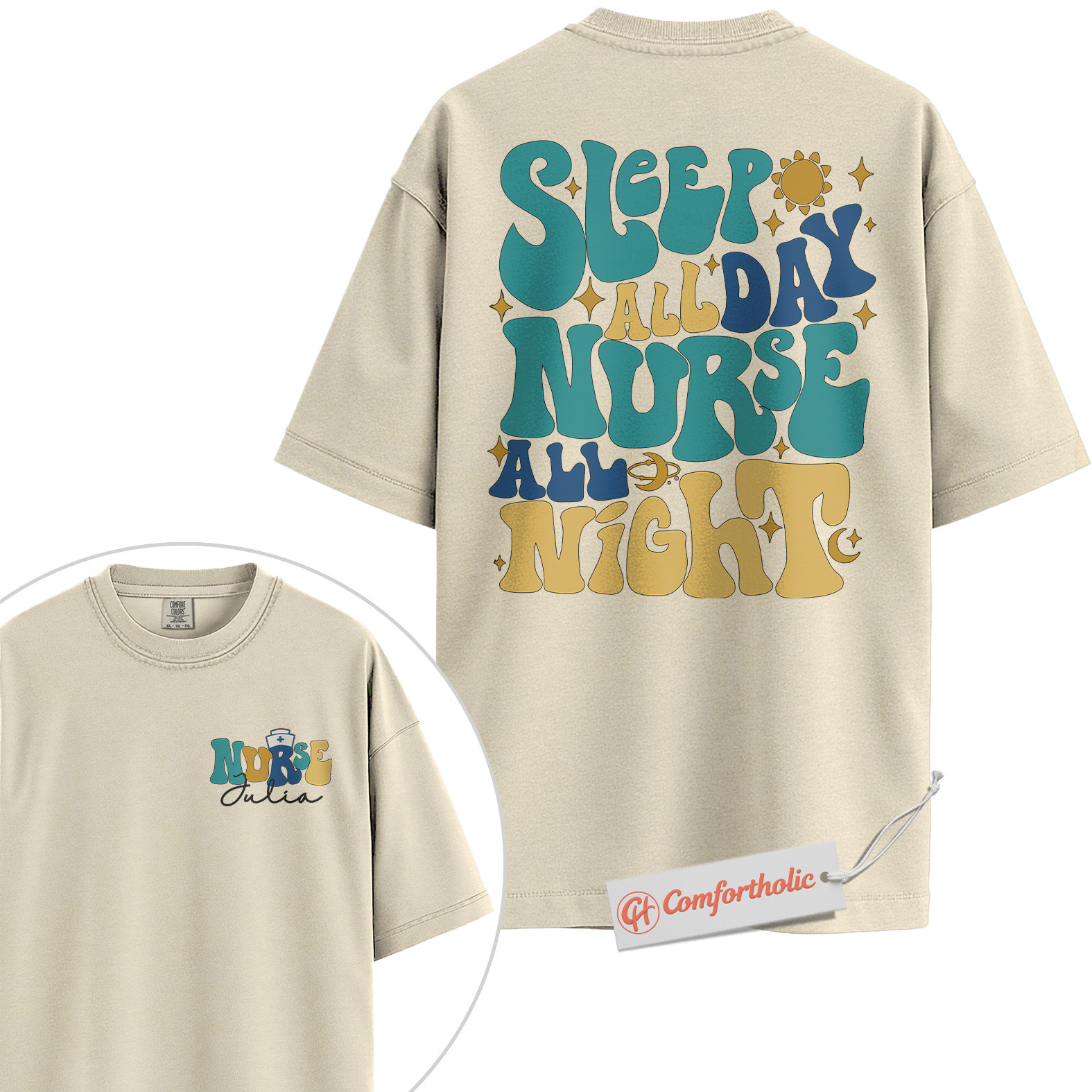 Personalized Sleep All Day Nurse All Night Shirt, Custom Nurse Name T-Shirt, Funny Medical Graphic Tee, Healthcare Worker Appreciation Comfort Colors Shirt 2-Sided