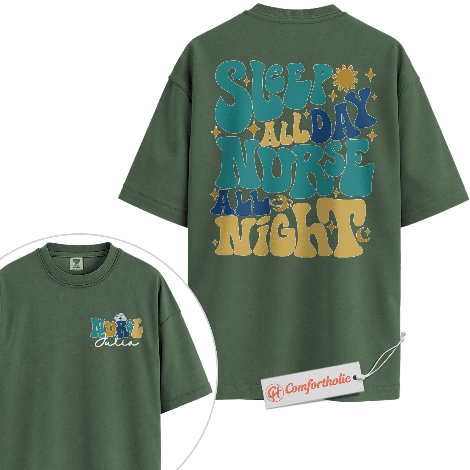 Personalized Sleep All Day Nurse All Night Shirt, Custom Nurse Name T-Shirt, Funny Medical Graphic Tee, Healthcare Worker Appreciation Comfort Colors Shirt 2-Sided - Image 5