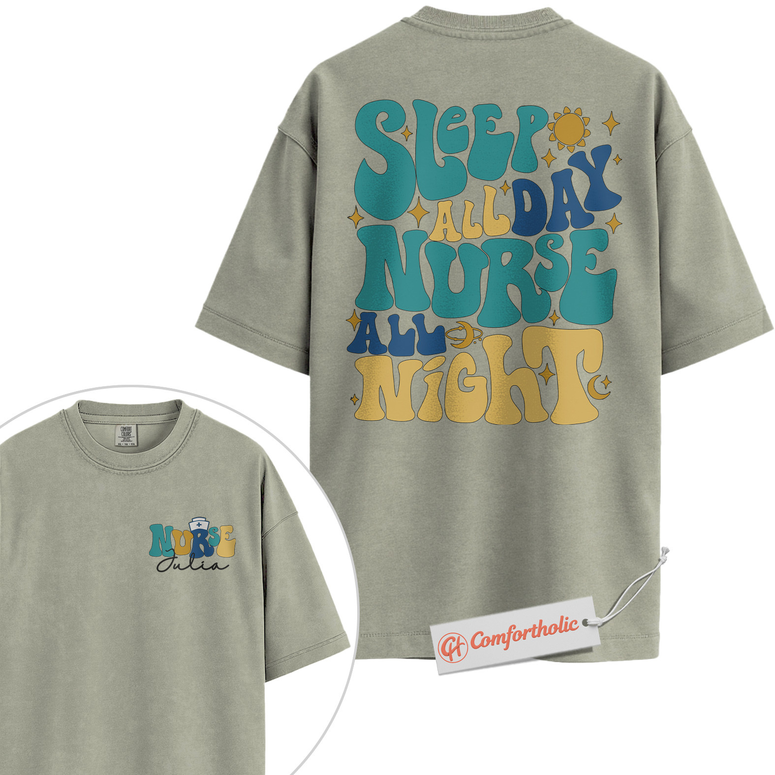 Personalized Sleep All Day Nurse All Night Shirt, Custom Nurse Name T-Shirt, Funny Medical Graphic Tee, Healthcare Worker Appreciation Comfort Colors Shirt 2-Sided - Image 6
