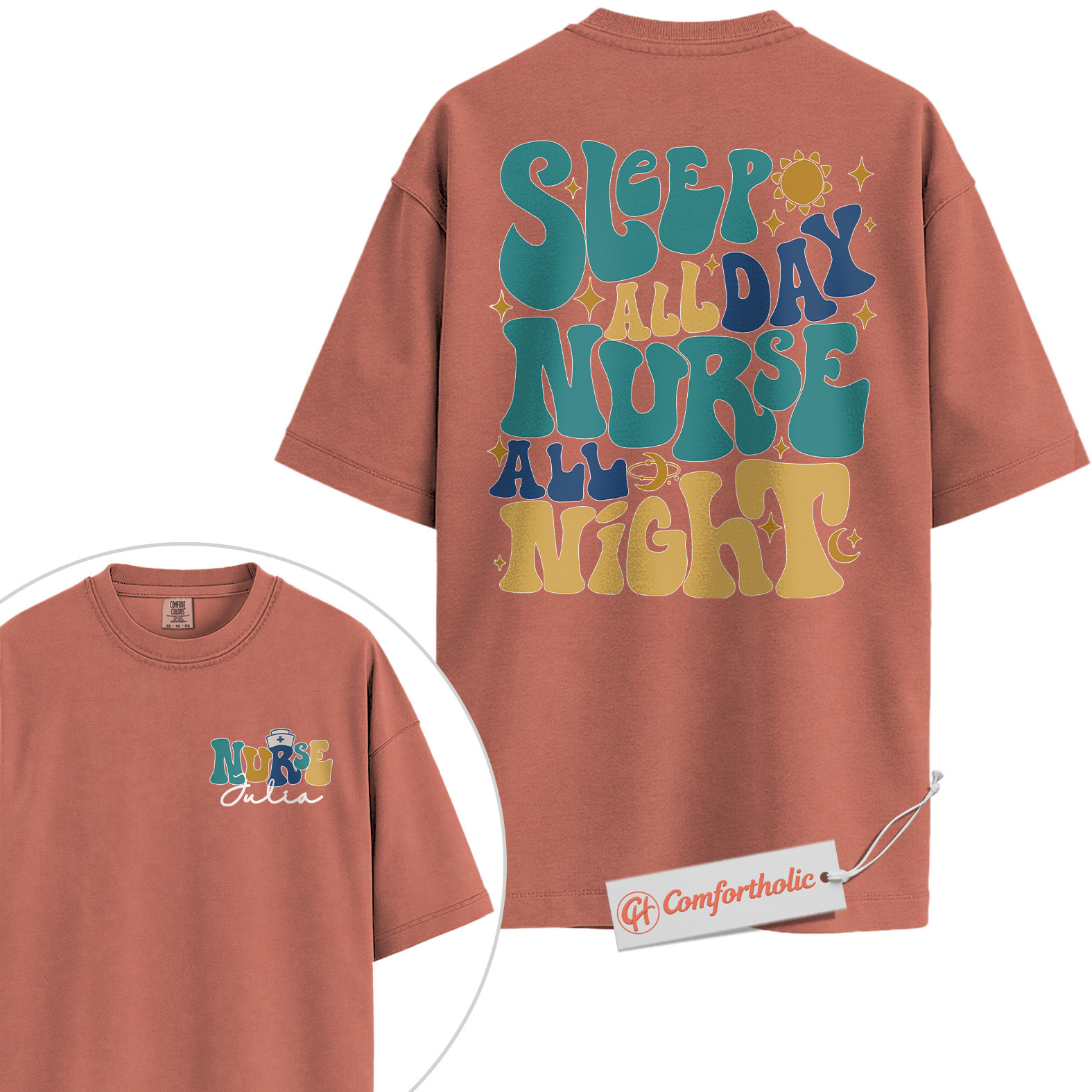 Personalized Sleep All Day Nurse All Night Shirt, Custom Nurse Name T-Shirt, Funny Medical Graphic Tee, Healthcare Worker Appreciation Comfort Colors Shirt 2-Sided - Image 7