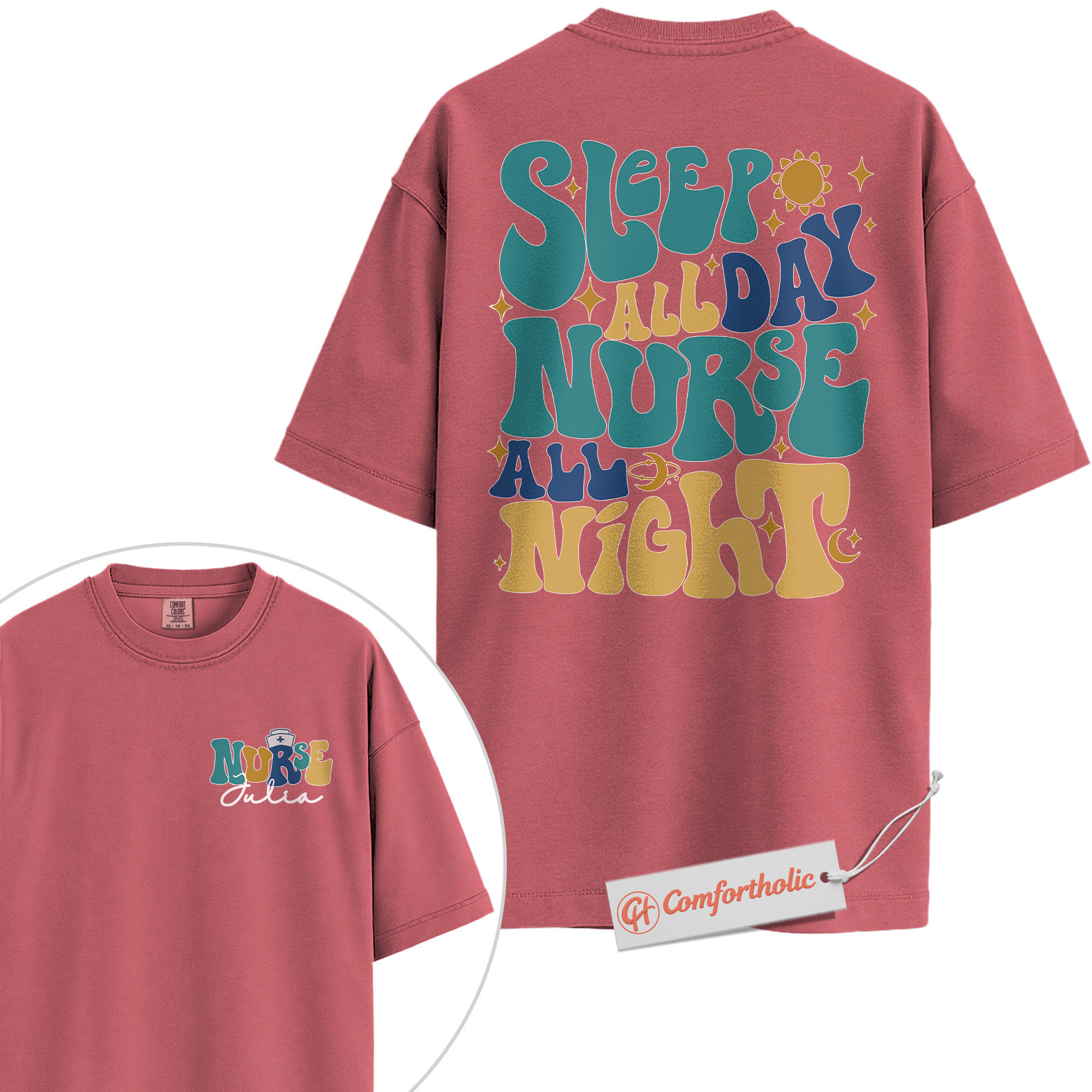 Personalized Sleep All Day Nurse All Night Shirt, Custom Nurse Name T-Shirt, Funny Medical Graphic Tee, Healthcare Worker Appreciation Comfort Colors Shirt 2-Sided - Image 9