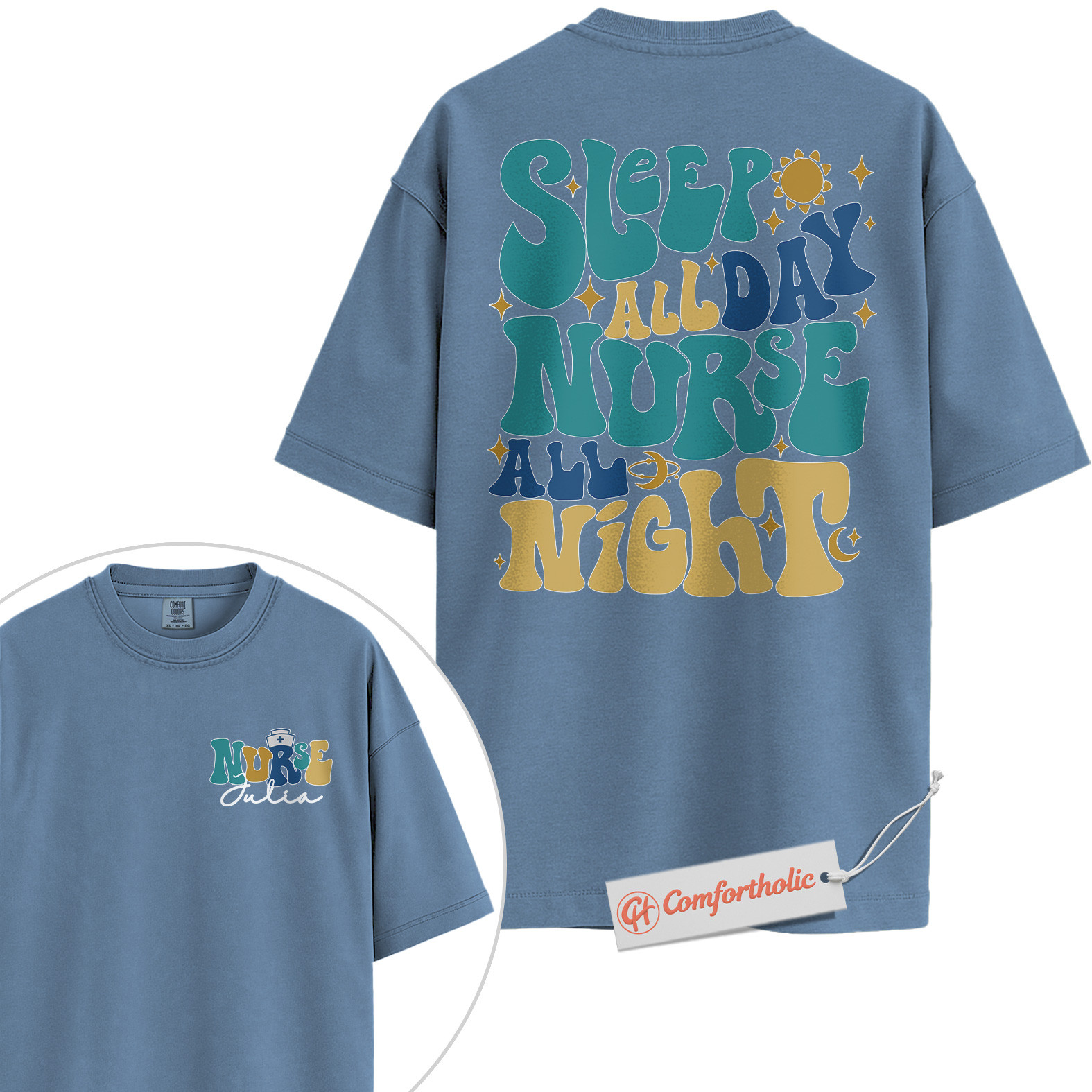 Personalized Sleep All Day Nurse All Night Shirt, Custom Nurse Name T-Shirt, Funny Medical Graphic Tee, Healthcare Worker Appreciation Comfort Colors Shirt 2-Sided - Image 17