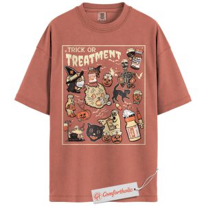 Trick or Treatment Shirt, Funny Halloween Nurse T-Shirt, Spooky Medical Cat Graphic Tee, Gift for Veterinary Workers & Pet Lovers, Halloween Comfort Colors Shirt
